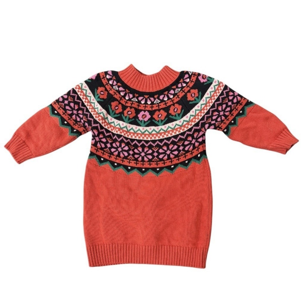 Hanna Anderson 3T 90cm Sweater Dress Knit Red Floral Flowers Cotton Scandinavian